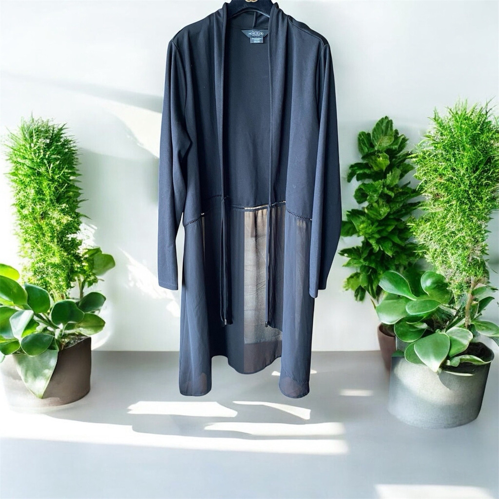 Michelstudio Long Cardigan Womens 2XL Black Sheer Hem Soft Open Front
